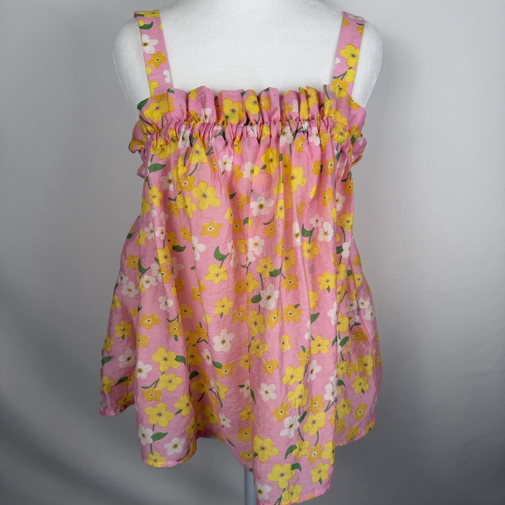 Pink Babydoll Top Sz M Floral Smocked Neck Sleeveless Cottage Coquette On‎ 34th